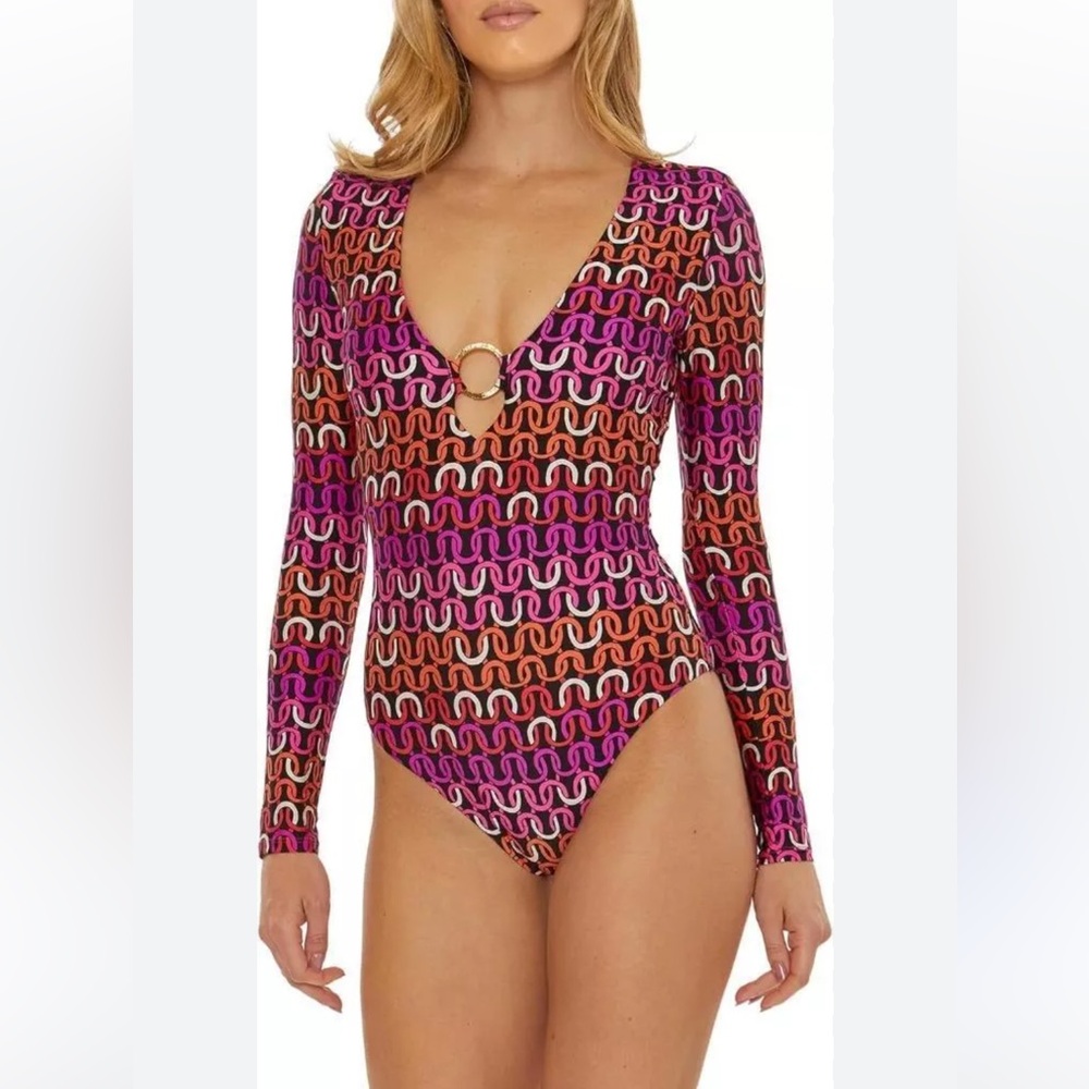 NWT Trina Turk Echo Plunge Long Sleeve Paddle 1 Piece Swimsuit in Multi